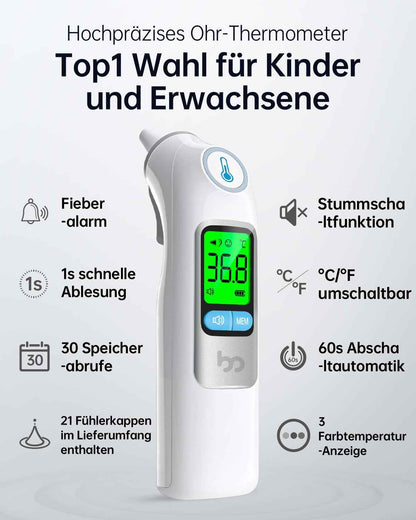 Fieberthermometer Ohr für Erwachsene & Kinder, 1s Ergebnis Hochpräzise Ohrthermometer, 30 Speicher Abrufen, 3-Farben-Fieber-Alarm, mit 21 Einweg-Sonde Abdeckungen & Aufbewahrungsbox (LCD-Transparente)