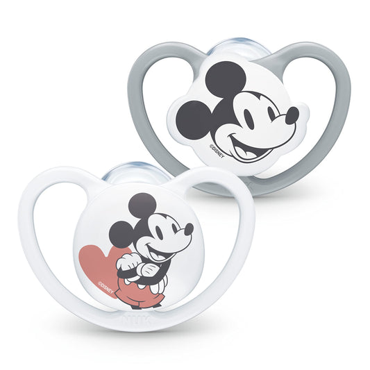 NUK Sauger Space | 18-36 Monate | Schnuller mit extragroßen Belüftungsöffnungen | Silikon BPA-frei | Disney Micky Maus | Grau/Weiß | 2 Einheiten