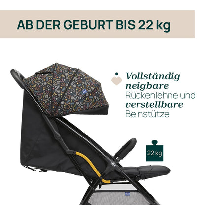 Chicco, Glee Pushchair from 0 Months to 4 Years with Automatic and Compact Closure, Extendable Hood with SPF 50+ and Rain Cover, 3-Level Adjustable Backrest, Leg Rest