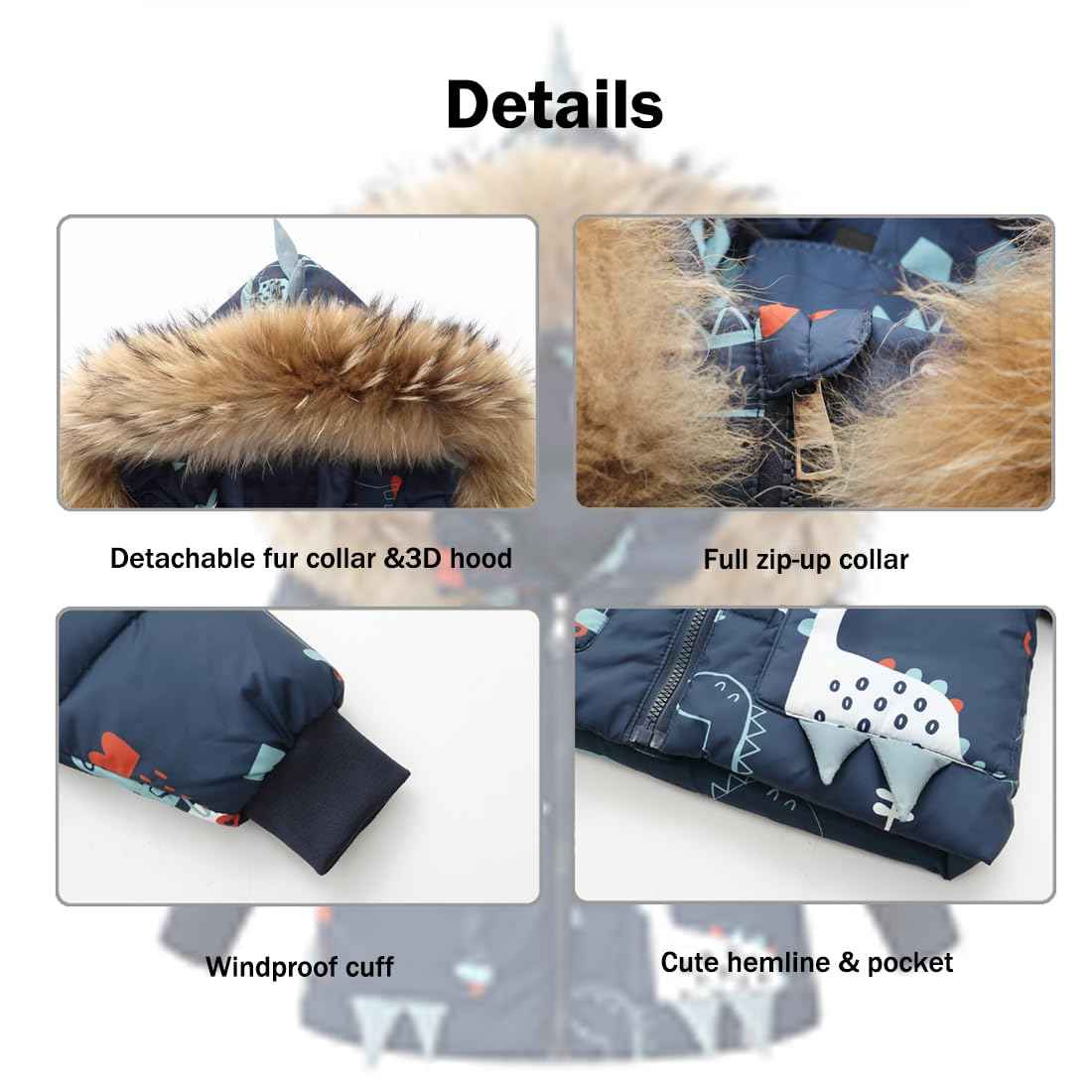 Printed Snowsuits for Baby Girls, 2-Piece Clothing Set, Winter Unisex Children's Down Jacket with Removable Fur Hood with Snow Dungarees, Boys and Girls, Ski Suit Clothing