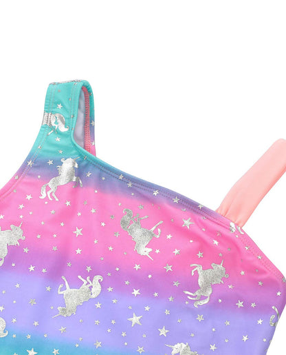 iDrawl One Piece Swimwear, Girls' Swimming Costume, Unicorn Theme, Multicoloured Summer Beachwear, UPF 50+, 3-13 Years