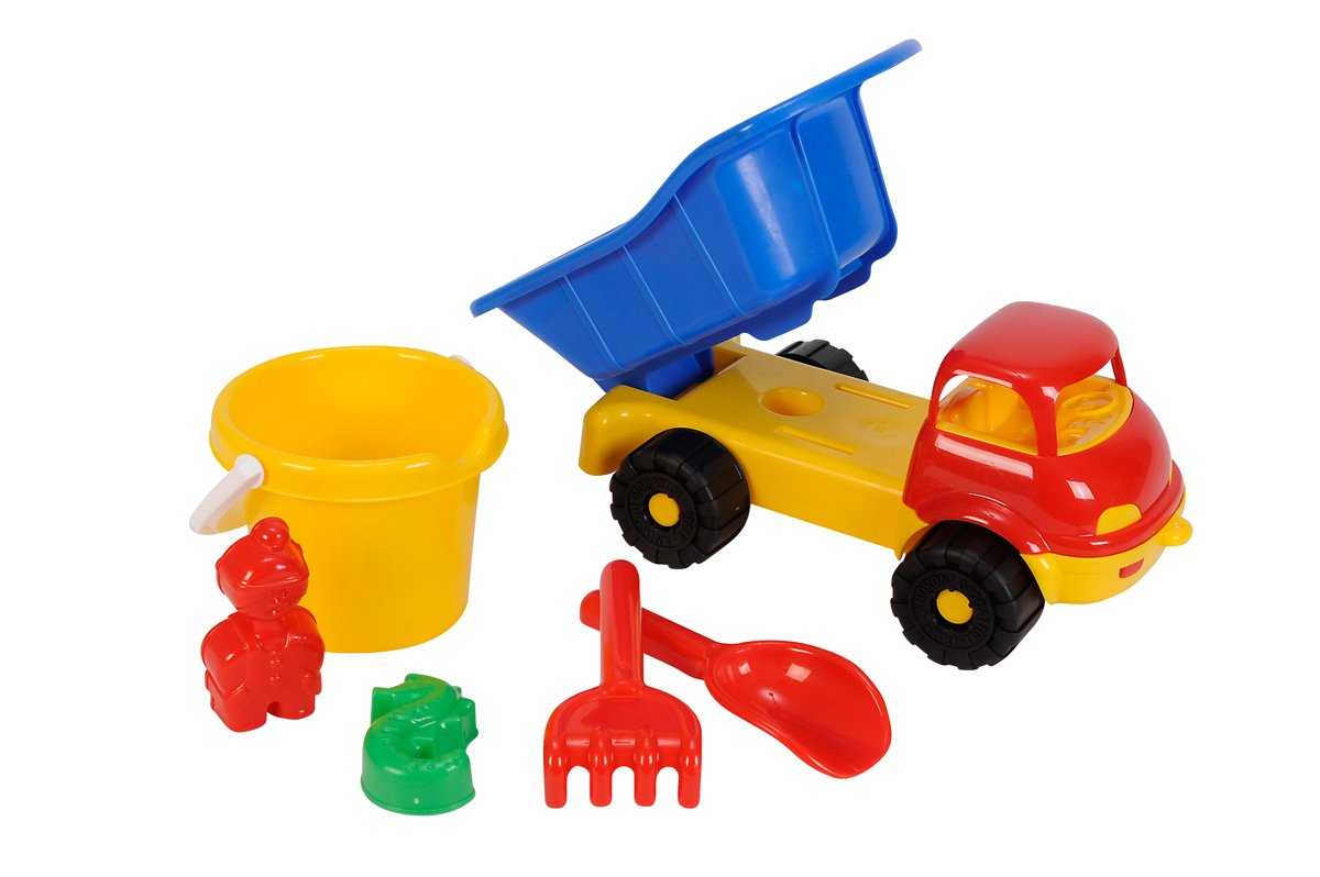 Simba 107134123 - Truck Dump Truck Filled, 2 Assortments, Only One Item Delivered, 6 Pieces, Tipper, Bucket, 2 x Sand Mould, Shovel, Rake, 35 cm