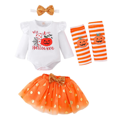 Baby Girl Halloween Outfit, My First Halloween Baby Girl Clothing, Halloween Outfit Baby, Newborn Halloween Baby Pumpkin Romper + Tutu Skirt + Leg Warmer + Headband, Baby Clothing Halloween