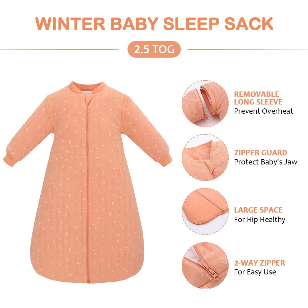amo nenes Baby Sleeping Bag 2.5 TOG, Baby Autumn Winter Long Sleeve Sleeping Bag, 100% Cotton, Removable Sleeves, Length 72 cm, 0-6 Months (Blue)