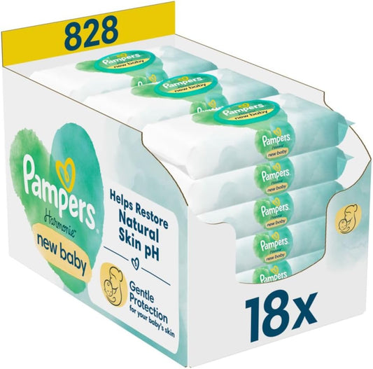 Pampers Harmonie New Baby Feuchttücher 18 Packungen mit jeweils 46 Feuchttüchern = 828 Feuchttücher, die helfen, den natürlichen pH-Wert der Haut wiederherzustellen