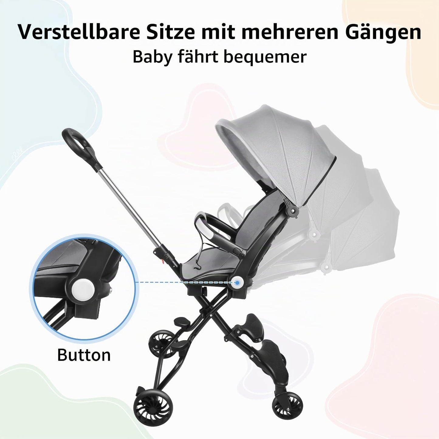 Buggy für Babys, ultraleicht, kompakt, faltbar und neigbar, von Geburt bis 25 kg, mit Trolley-System, Regenschutz inklusive, ausziehbarer Haube, C-schwarz