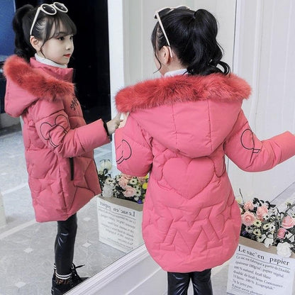 linboo Girls' Winter Jacket with Removable Fur Hood Warm Long Coat Children's Parka Outdoor Jacket with Letters and Cute Patterns