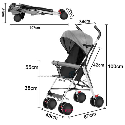 Buggy für Babys, ultraleicht, kompakt, faltbar und neigbar, von Geburt bis 25 kg, mit Trolley-System, Regenschutz inklusive, ausziehbarer Haube, C-schwarz