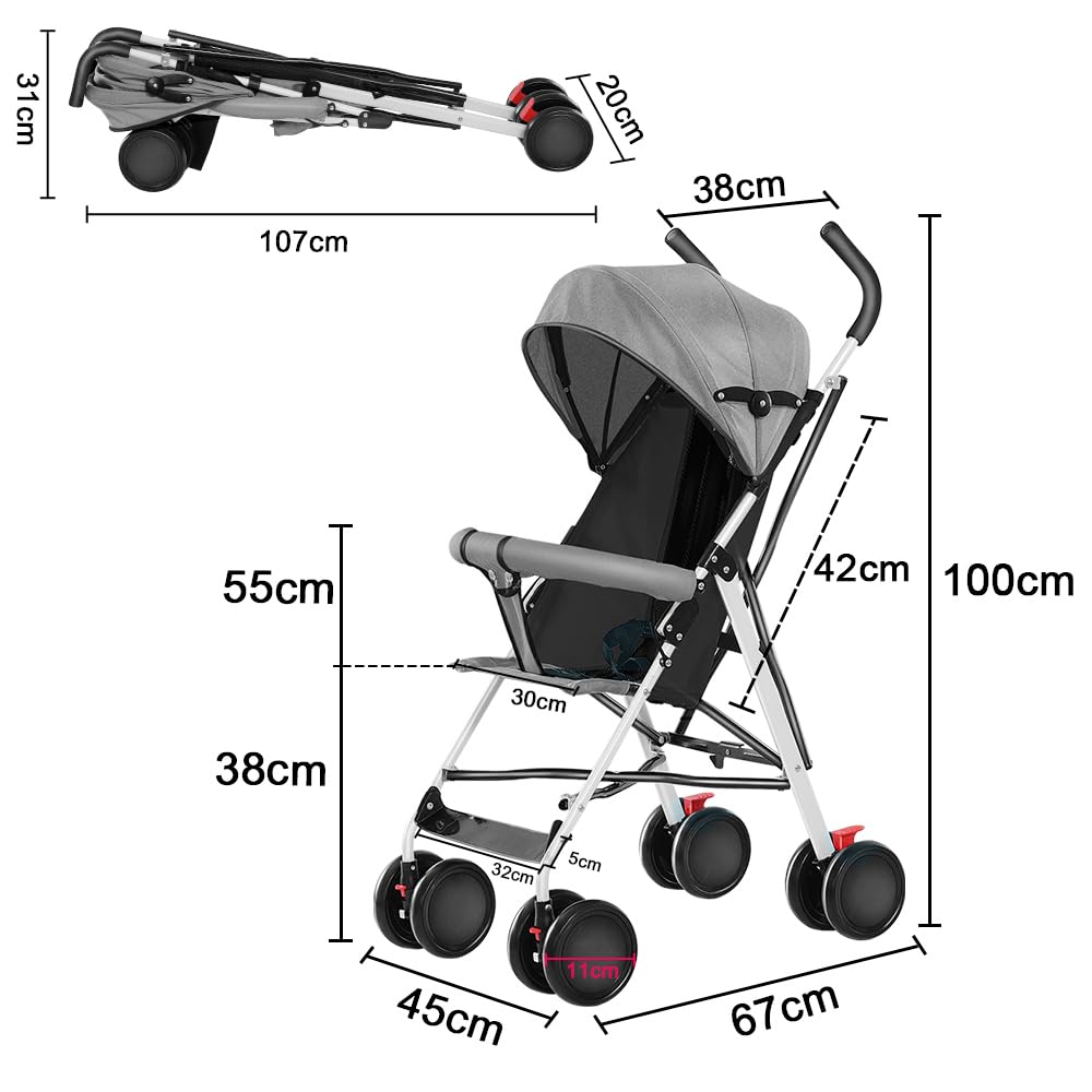 Kinderbuggy, Klein Zusammenklappbar Kinderwagen,Rücken und Fußstützenverstellung,Hinterradbremse,5-Punkt-Gurt,Einfaches Ein-Hand-Falten,Baby Reisebuggy