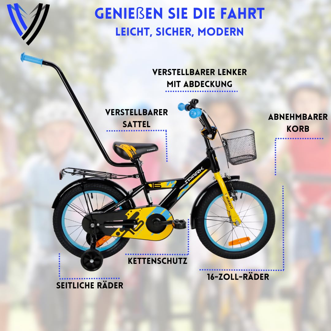 MIRAVO Kinderfahrrad Fahrrad Kinder Ab 2 Bis 8 Jahre Mit Stützrädern Schubstange V-Brake Bremsen Rückstrahl Aufkleber 12 16 20 Zoll Radgröße Korb Für Junge Spark - Meloni2