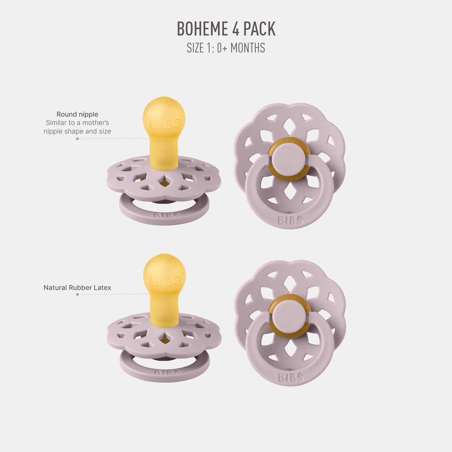 BIBS Boheme Schnuller 4er-Pack. BPA-frei, Kirschform Nippel. Naturkautschuk/Latex, Hergestellt in Dänemark. Größe 1/2, (0-6 Monate/6-18 Monate), (4er Pack), Vanilla Mix