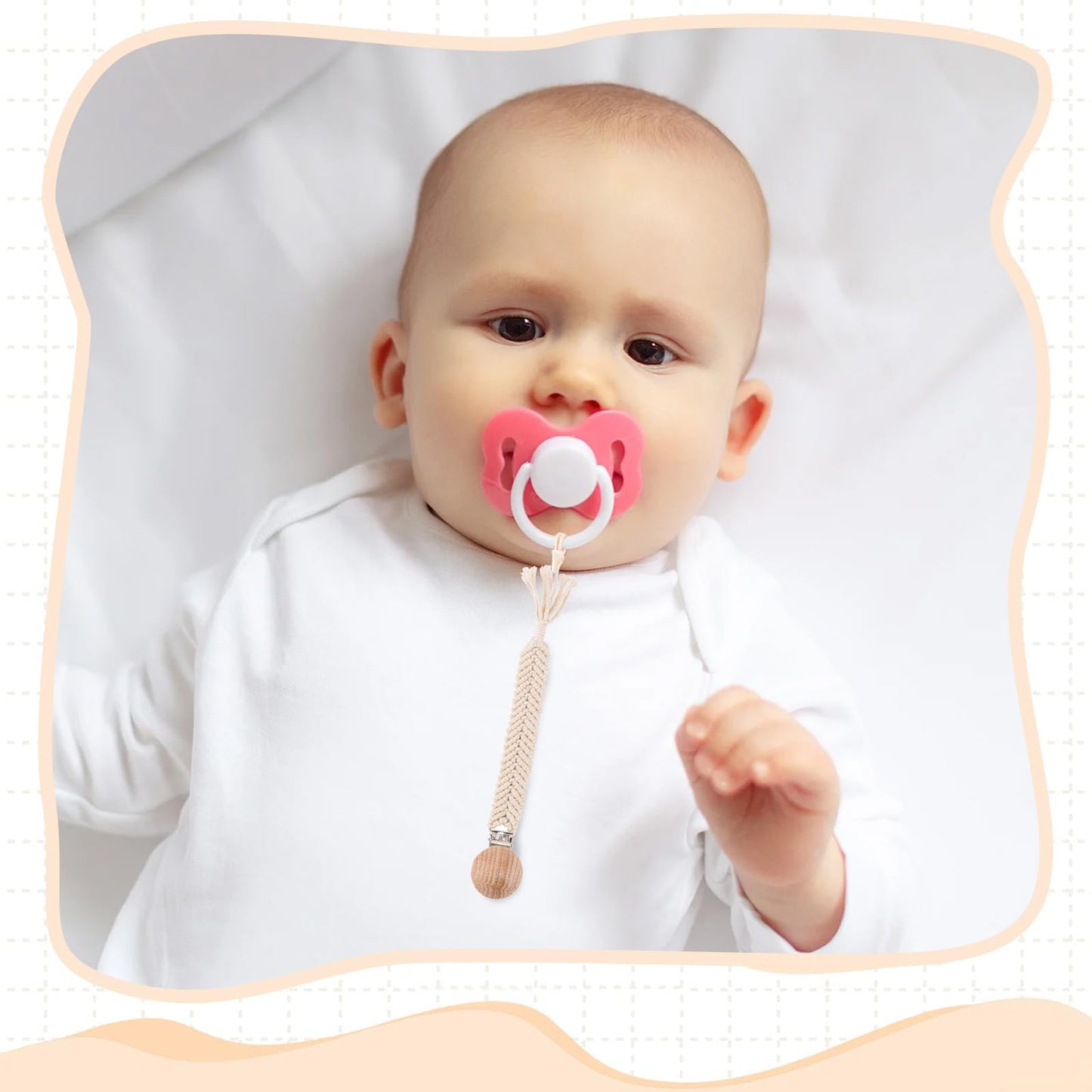 IOSPKKIO® 3 Stück Schnullerclip für Jungen und Mädchen, Schnullerhalter, mit Holzklammern, Handgefertigt, Geflochtene Baumwolle, Babyparty, Geburtstagsgeschenk(Beige)
