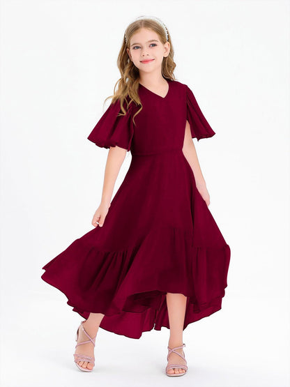 Haloumoning Mädchen Sommerkleid V-Ausschnitt Rüschenkleider Casual A Line Kleid Flowy Hoch Niedrig Lang Partykleid Elegant Langes Abendkleid