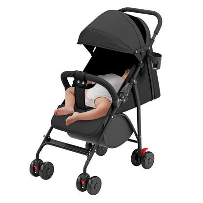 Buggy für Babys, ultraleicht, kompakt, faltbar und neigbar, von Geburt bis 25 kg, mit Trolley-System, Regenschutz inklusive, ausziehbarer Haube, C-schwarz
