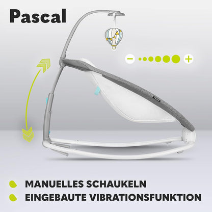 LIONELO Pascal Baby Wippe, sanfte Vibrationen, 5 Melodien, Spielzeugkarussell mit interaktiven Plüschtieren, Kopfkissen, verstellbare Rückenlehne, Energiesparsystem (GREY SCANDI)