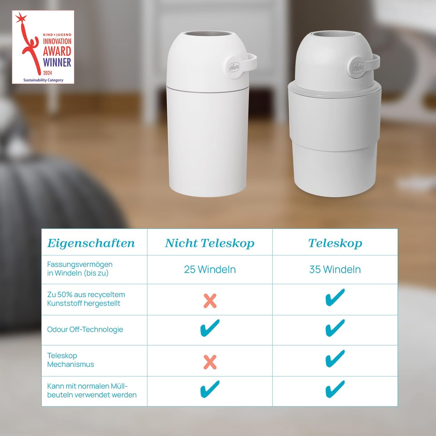 Chicco Windeleimer Odour Off, geruchsdichtes System, platzsparender Baby Windeleimer mit Deckel, einfach zu benutzen und zu reinigen, Ohne Nachfüllkassetten, funktioniert mit herkömmlichen Tüten