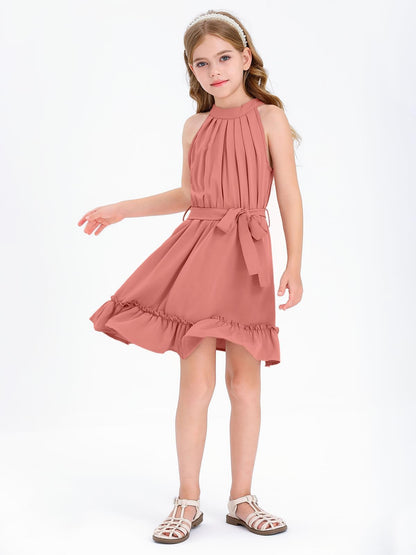 Halomoning Girls Dress Sleeveless Simple Classic Casual Knee Length for Kids Summer Princess Party Wedding Tie Waist A-Line 