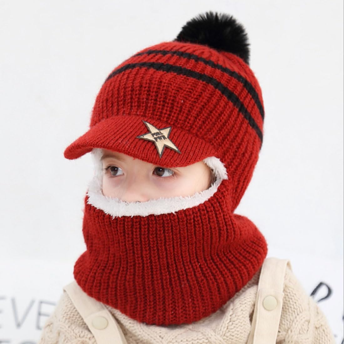 YONKOUNY Kinder Wintermütze Jungen Mädchen Warm Niedlich Strickmütze Schalmütze Schlupfmütze Beanie Mütze mit Fleecefutter