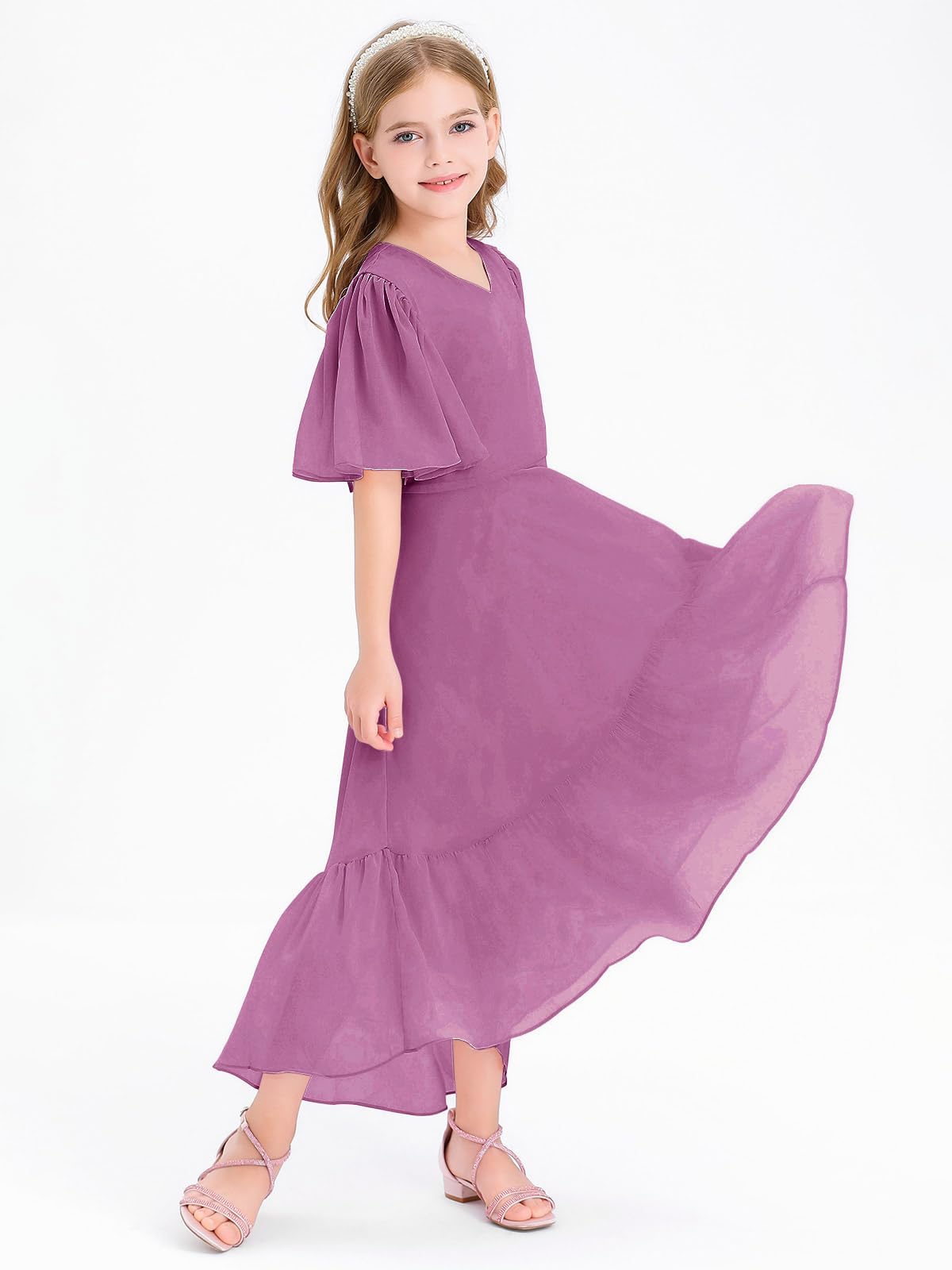 Haloumoning Mädchen Sommerkleid V-Ausschnitt Rüschenkleider Casual A Line Kleid Flowy Hoch Niedrig Lang Partykleid Elegant Langes Abendkleid