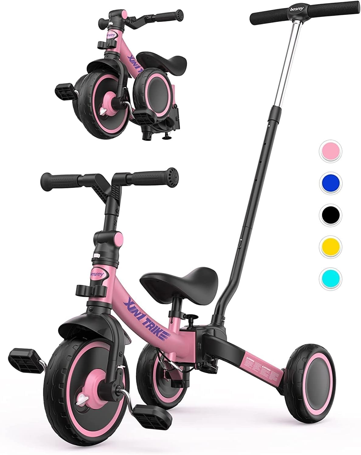 besrey 5 in 1 Laufräder Laufrad Kinderdreirad Dreirad Lauffahrrad Lauflernhilfe für Kinder ab 1 Jahre bis 4 Jahren (Schwarz) - Meloni2