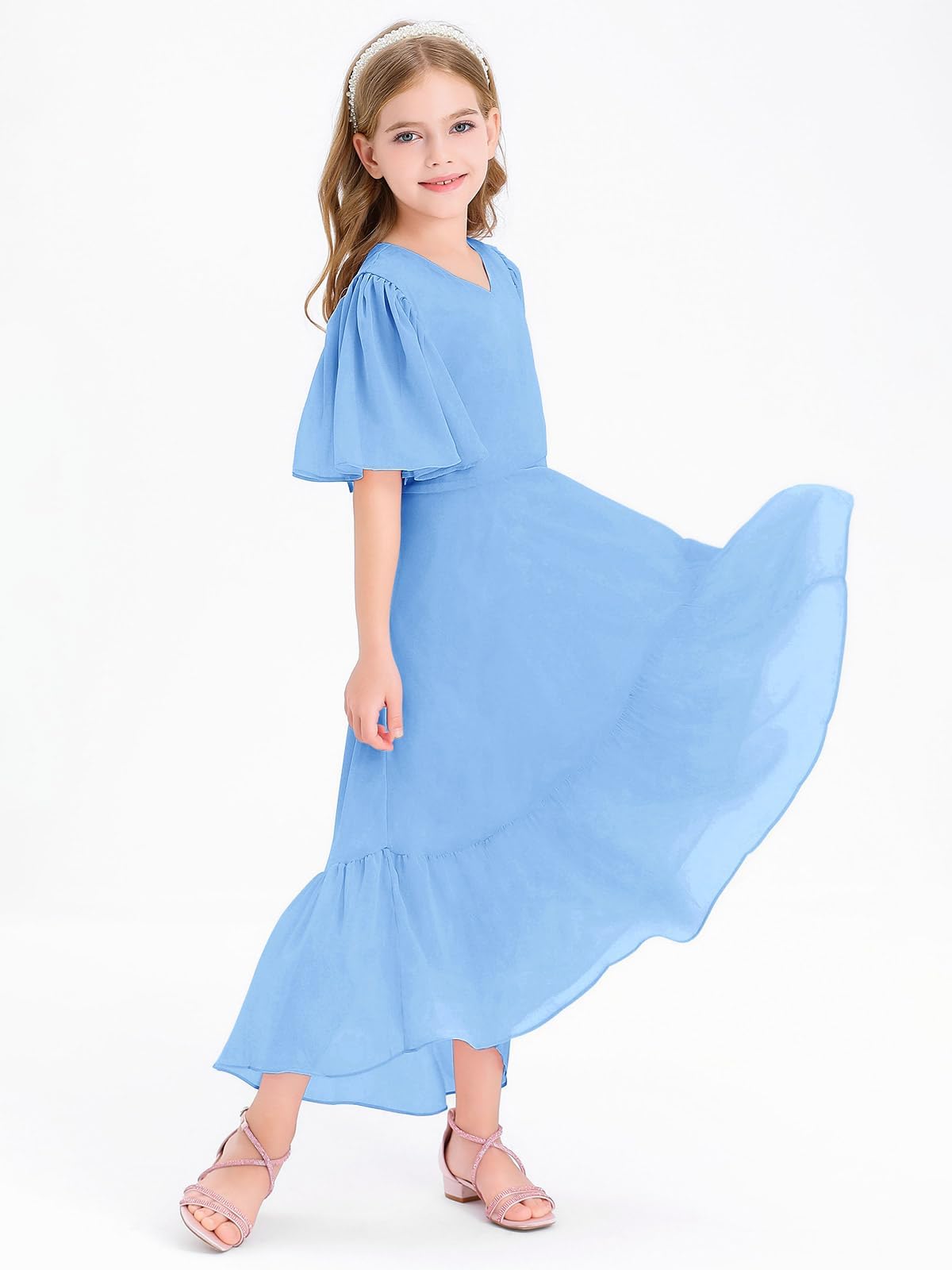 Haloumoning Mädchen Sommerkleid V-Ausschnitt Rüschenkleider Casual A Line Kleid Flowy Hoch Niedrig Lang Partykleid Elegant Langes Abendkleid