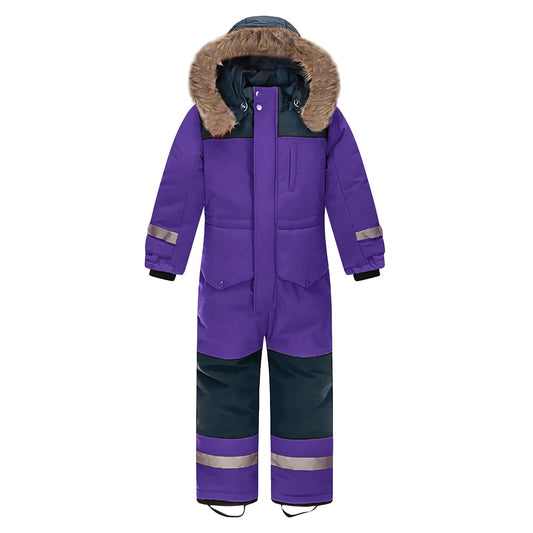 L SERVER Children's Ski Suit Boys with Hood Windproof Waterproof Snow Overall Girls Warm Snowsuit Thicker Ski Overall with Reflective Stripes