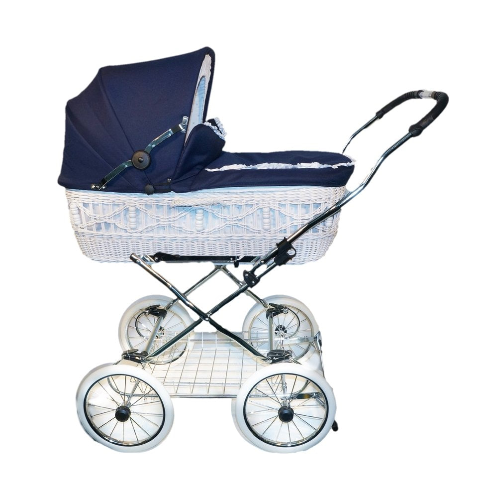 EICHHORN Kinderwagen Weidenkorb - Kinderwagen aus echter Weide, handgewebter Korb, Weiß, Stoff Marineblau