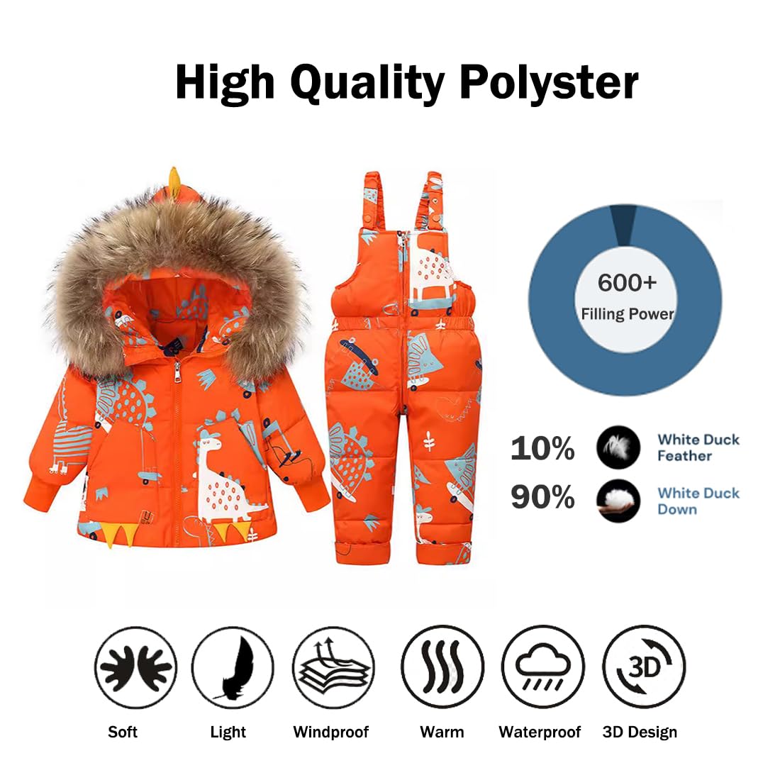 Printed Snowsuits for Baby Girls, 2-Piece Clothing Set, Winter Unisex Children's Down Jacket with Removable Fur Hood with Snow Dungarees, Boys and Girls, Ski Suit Clothing