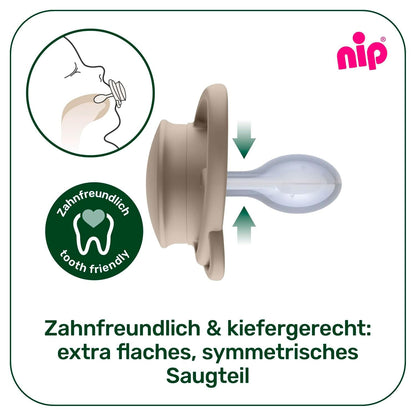 NIP Spar-Set Silikon Schnuller Butterfly 4er Pack, Größe 1 (0-6 Monate) beige/blau/grün, Extra flaches und weiches Saugteil aus Silikon, Kiefergerecht und Stillfreundlich, ab Geburt
