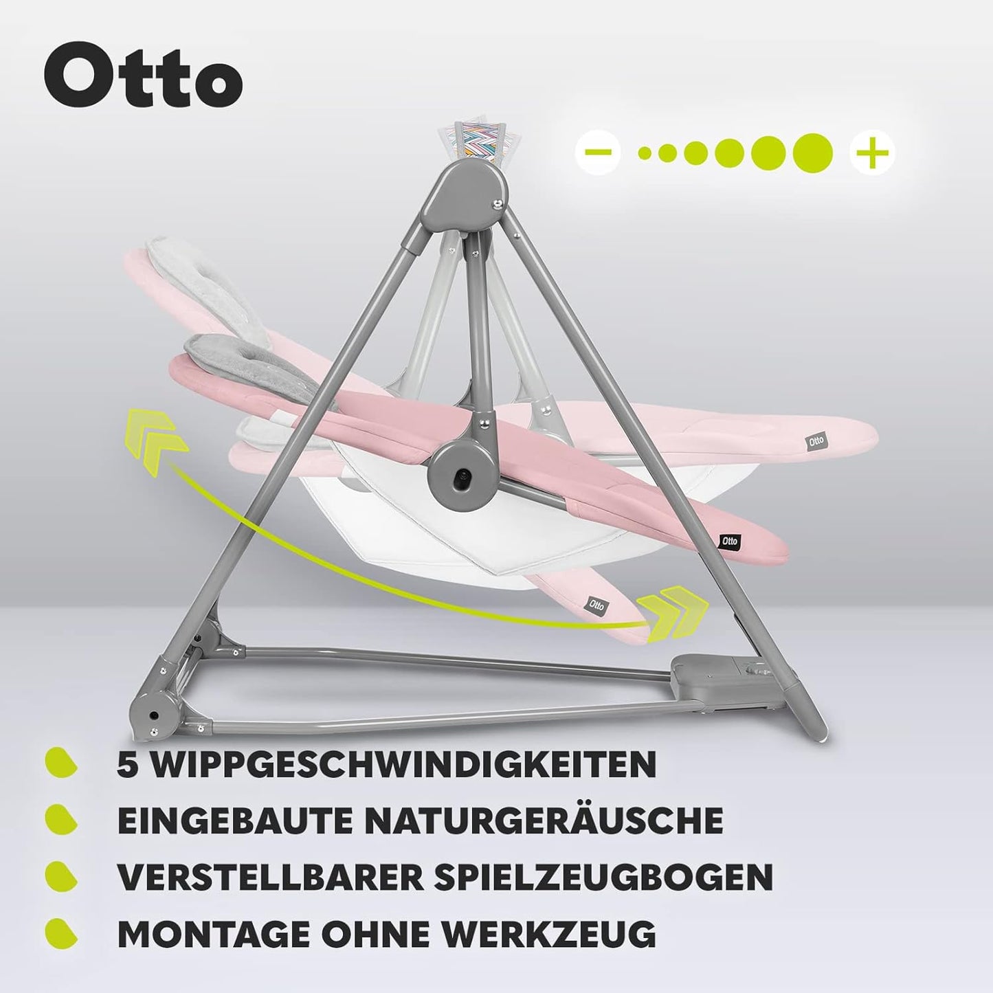 LIONELO Otto Baby Seesaw, Baby Swing, Play Arch with Interactive Toys, 5 Swing Speeds, Nature Sounds, from Birth to 9 kg, Foldable (Cozy Grey) (Pink)