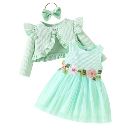 Baby Mädchen Kleid Strickjacke Sets 3 Stück Neugeborene Kleidung Jäckchen + Kleid + Stirnband Frühling Sommer Herbst Winter Langarm Jacke Ärmelloses Kleid für Hochzeit Weihnachten