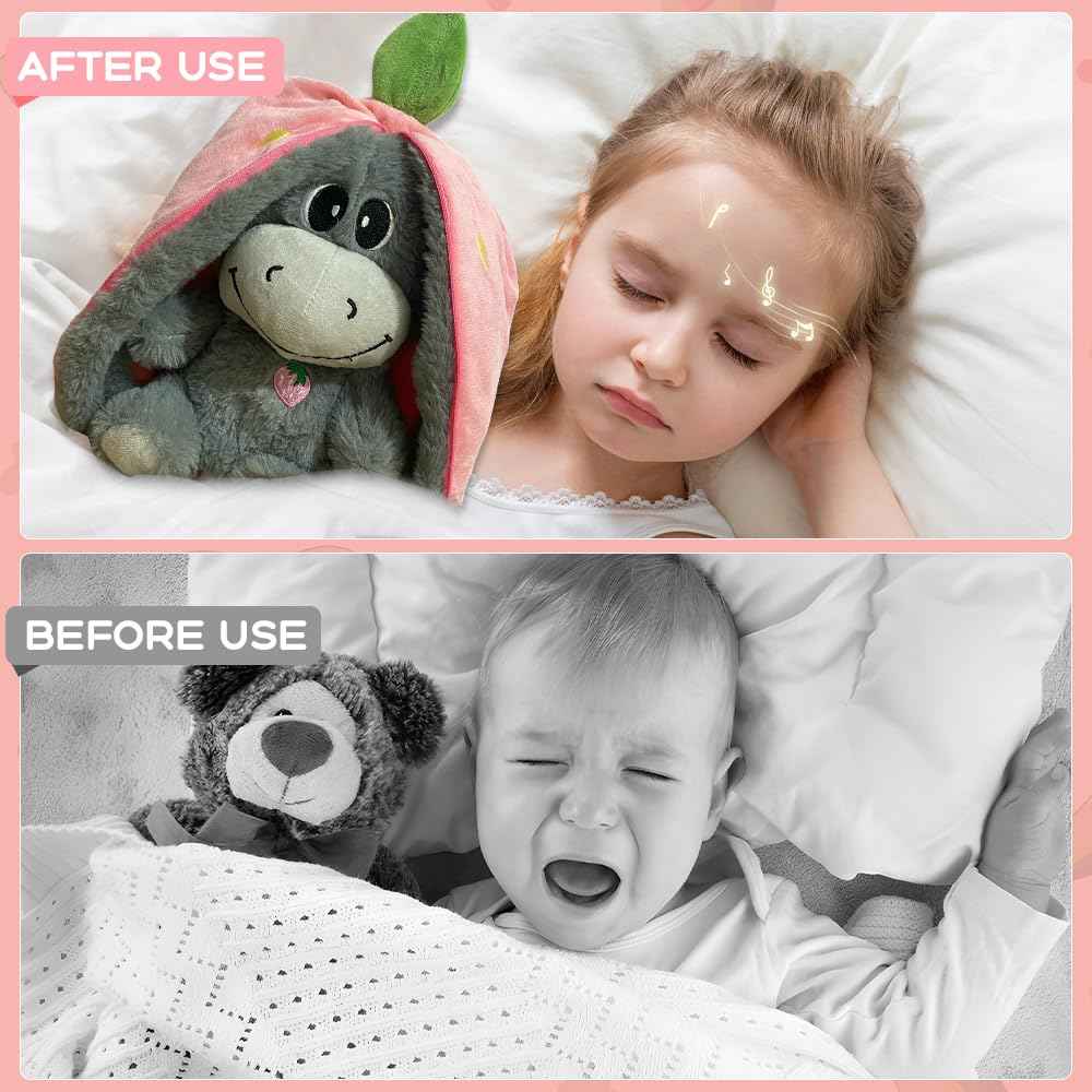 Atmendes Kuscheltier Esel, 32cm Herzschlag Plüsch Esel mit Atmung, Musik und Lichtern, Weiches Erdbeer Avocado Plüschtier Puppe, Kuscheltier Atmet Esels zum Linderung Angstzuständen (Rosa)