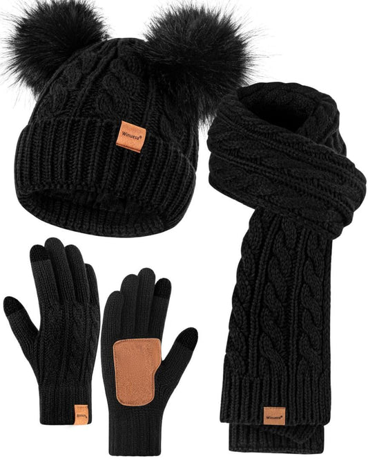 Winuesa Mütze, Schal & Handschuh-Sets für Damen, Beanie Mütze Damen Winter mit Bommel Fleece Gefütterte, Touchscreen Handschuhe Schal Cap 3 in 1 Set