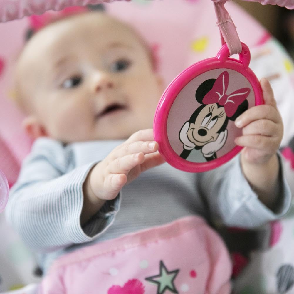 Bright Starts, Disney Baby, Minnie Mouse Spotty Dotty, Babywippe mit Vibrationen, maschinenwaschbarem Sitzpolster, rutschfesten Füßen und 2 Spielzeugen, ab 0 monate