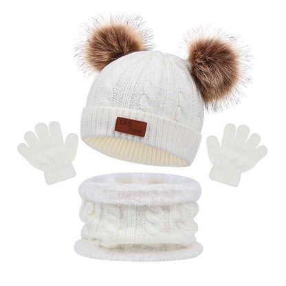 LINSOCLE 3-in-1 Children's Winter Hat Scarf Gloves Set, Knitted Hat Baby Hat Children's Hat Set, Boys Warm Winter Hat Beanie Hat Gloves Round Scarf Set for Children 2-6 Years