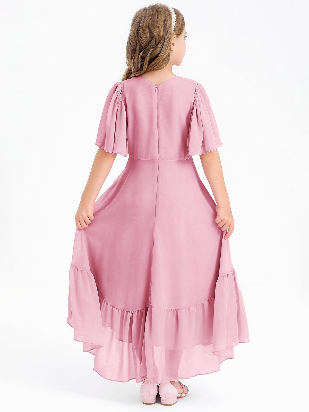 Haloumoning Mädchen Sommerkleid V-Ausschnitt Rüschenkleider Casual A Line Kleid Flowy Hoch Niedrig Lang Partykleid Elegant Langes Abendkleid