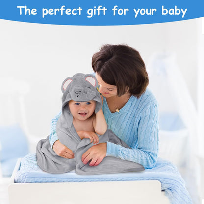 Aolso Hooded Towel Baby, 80 x 80 cm Baby Towel Hood, Baby Wash Cloth, Coral Fleece Baby Towel with Hood for Newborns, Soft and Super Absorbent, Unisex (Grey Elephant)