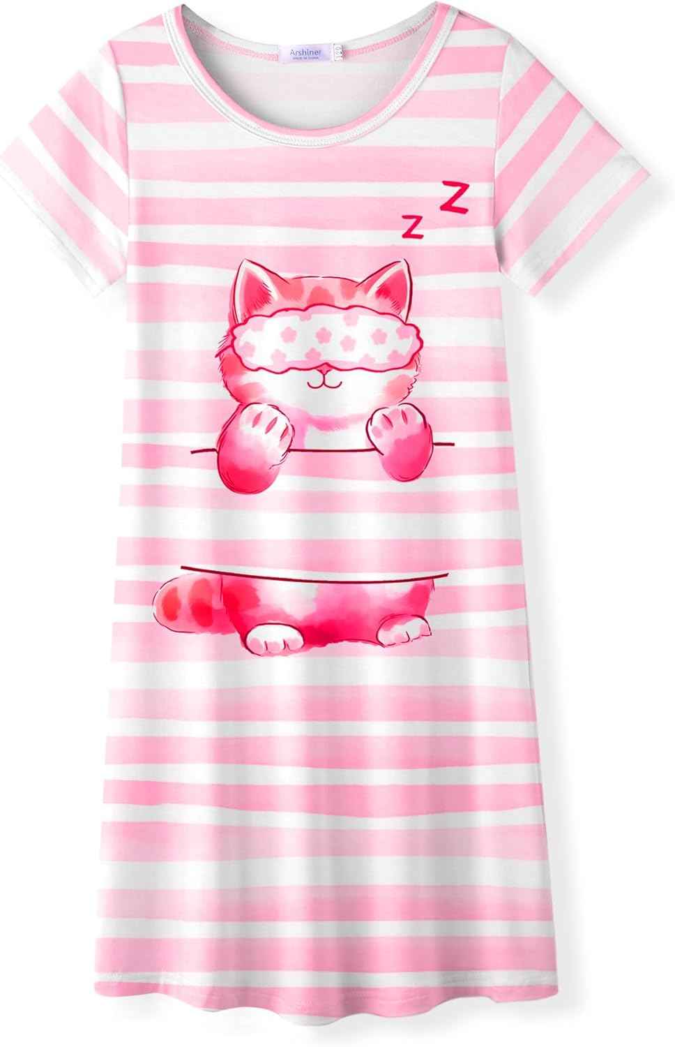 Arshiner Nightdress Girls Short Sleeve Pyjamas Children's Sleep Dress Cat Unicorn Crew Neck Night Dress 4-12 Years