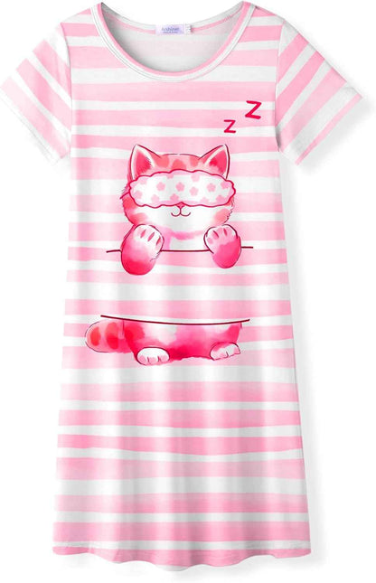 Arshiner Nightdress Girls Short Sleeve Pyjamas Children's Sleep Dress Cat Unicorn Crew Neck Night Dress 4-12 Years