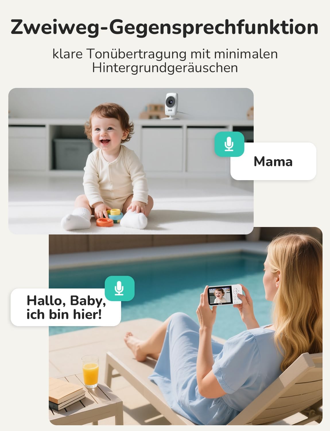 GHB Babyphone mit Kamera Baby Monitor 3,2 Zoll Weiß | 2100 mAh Akku, Max. 60 Std Akku im VOX Modus, Infrarot-Nachtsicht ohne Störlicht, Gegensprechfunktion, Temperatursensor