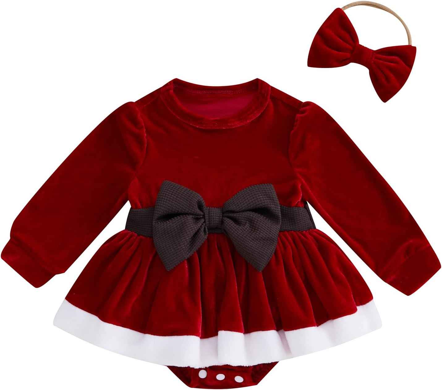 Geagodelia Girls Christmas Dress Long Sleeve Elegant Red Winter Dresses and Headband Set for Newborn Christmas