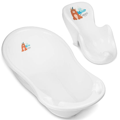 Baby Badewanne mit Gestell 4 Set TÜV Rheinland zertifiziert! Babybadewannen + Baby Badewannensitz +Abfluss + Gestell - Babywanne mit Ständer! Baby Pflegeset für Neugeborene.