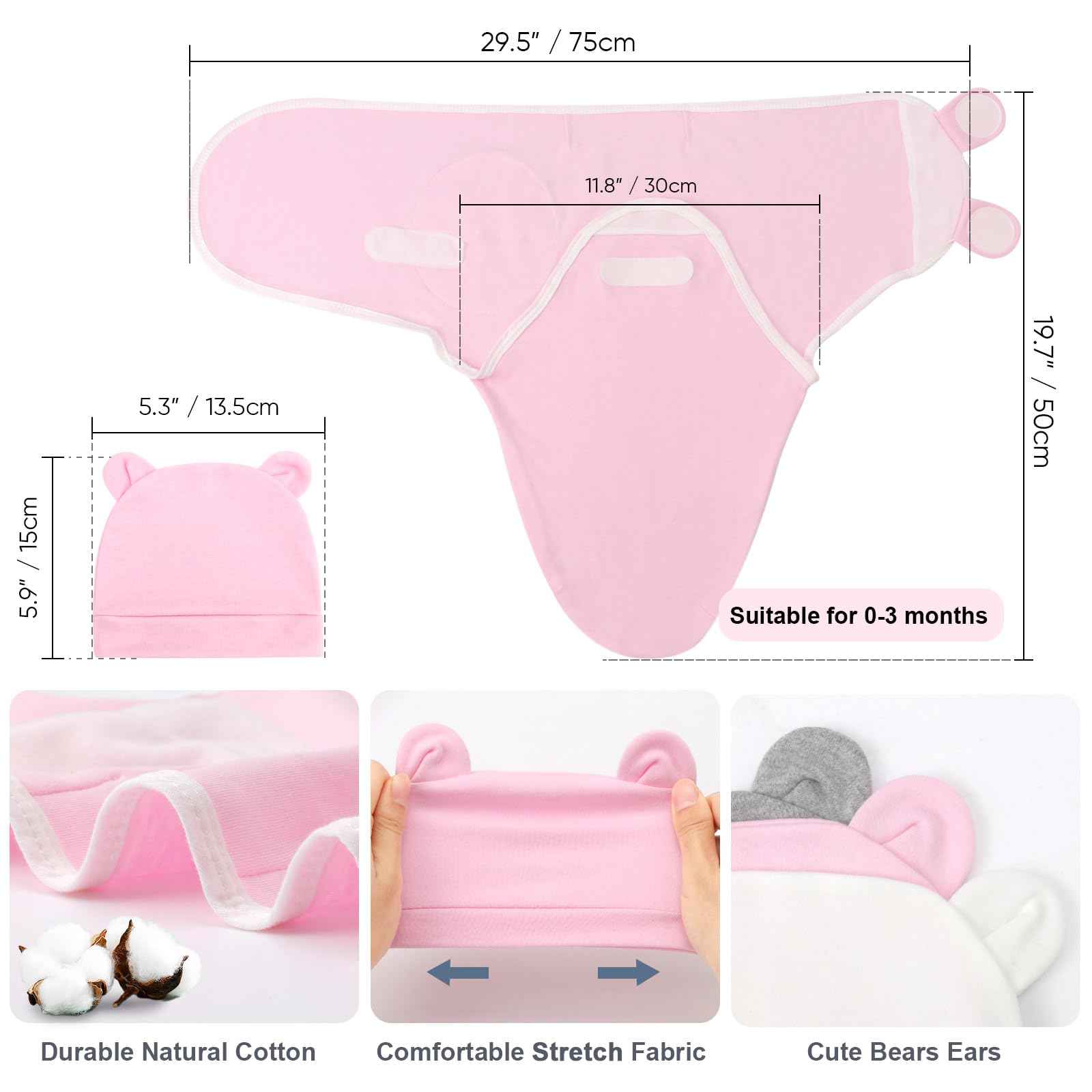 DRESHOW Neugeborene Swaddle Decke Hut Set Baby Gedruckt Swaddles Säugling Einstellbar Schlafsack für 0-3 Monate Mädchen Jungen