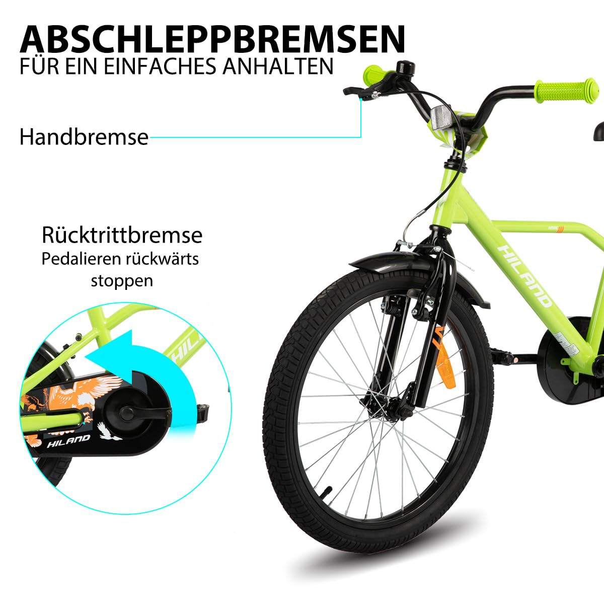 Hiland 12/14/16/20 Zoll Kinderfahrrad, Jungen Fahrrad für 3-10 Jahre, mit Stützrädern, Kinderfahrrad mit Handbremse und Rücktrittbremse, Schwarz/Grün/Blau/Orange