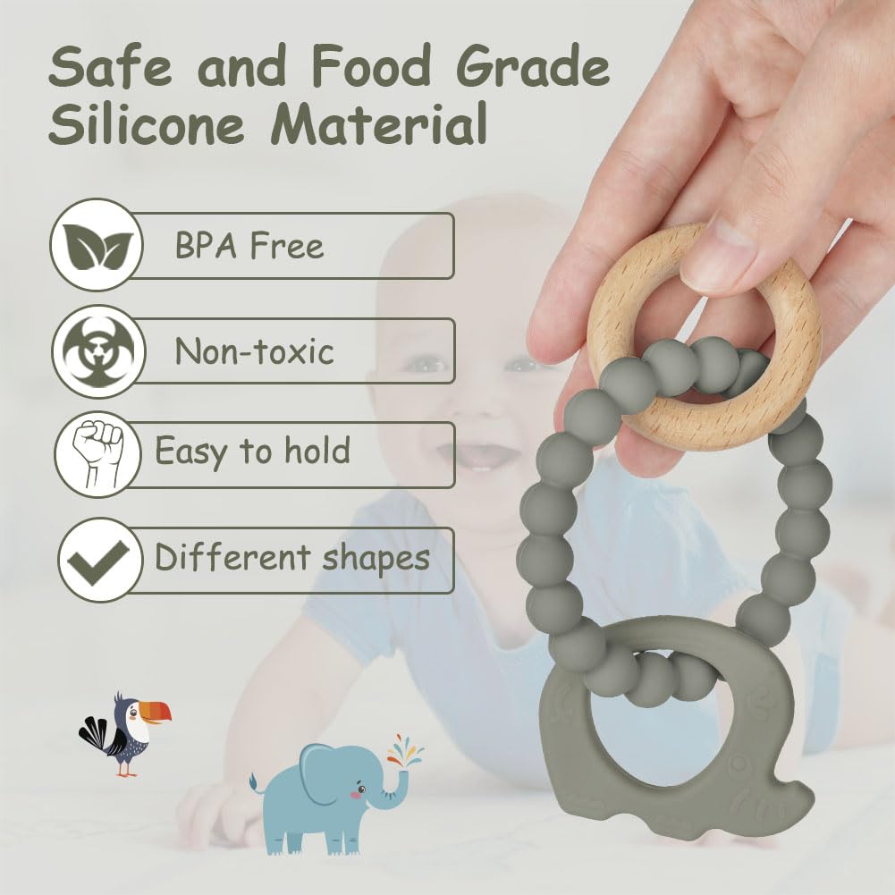 Vicloon Beißring für Babys, Beißring Spielzeug aus Silikon und Holzringe, Baby Zahnungshilfe BPA-frei, Schmerzlindernde Zahnen Nursing Zubehör für ab 3 Monaten Babys(Wal Blau)