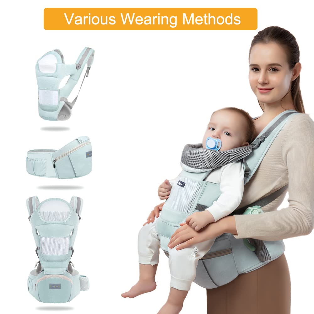 Azeekoom Baby Carrier Ergonomic with Hip Seat, Cotton Child Carrier Dorsal and Ventral, Lightweight Breathable, Adjustable Headrest for Babies and Children from 0 to 48 Months (3.5 to 25 kg) 