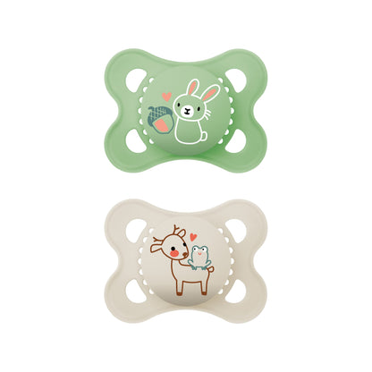 MAM Original Schnuller im 2er-Set, zahnfreundlicher Baby Schnuller aus nachhaltigen & bio-erneuerbaren Materialien, Sauger aus MAM SkinSoft Silikon, mit Schnullerbox, 0-6 Monate, Hase/Reh - Meloni2
