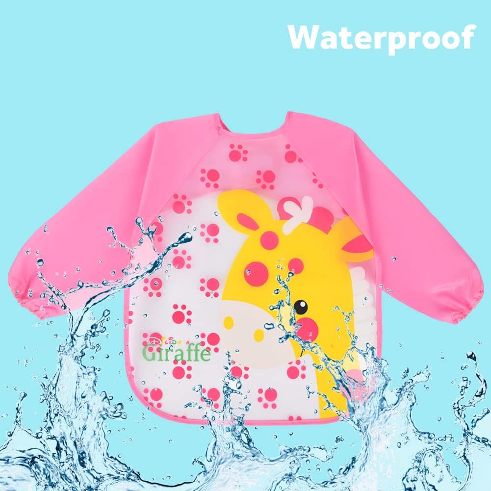 Vicloon Waterproof Baby Bibs, 5pcs Baby Bibs with Long Sleeves, Sleeved Bibs, Unisex Bib Set for Eating, Arts, Crafts, Painting, Playing (Pink, Blue, Green, Yellow) 