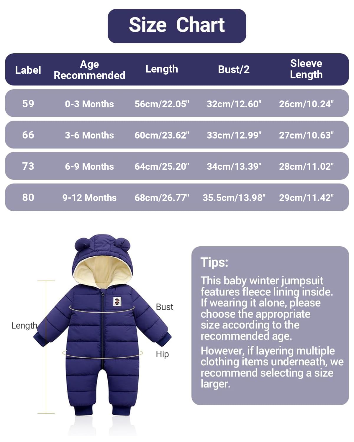Minizone Baby Winter Jumpsuit with Hood, Romper Snowsuit Boys and Girls, Long-Sleeve Jumpsuit, Warm Outfits, Gift, 6-9 Months, 80 cm, Black