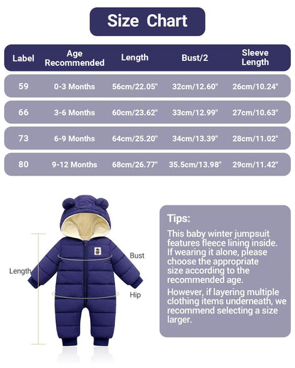 Minizone Baby Winter Jumpsuit with Hood, Romper Snowsuit Boys and Girls, Long-Sleeve Jumpsuit, Warm Outfits, Gift, 6-9 Months, 80 cm, Black